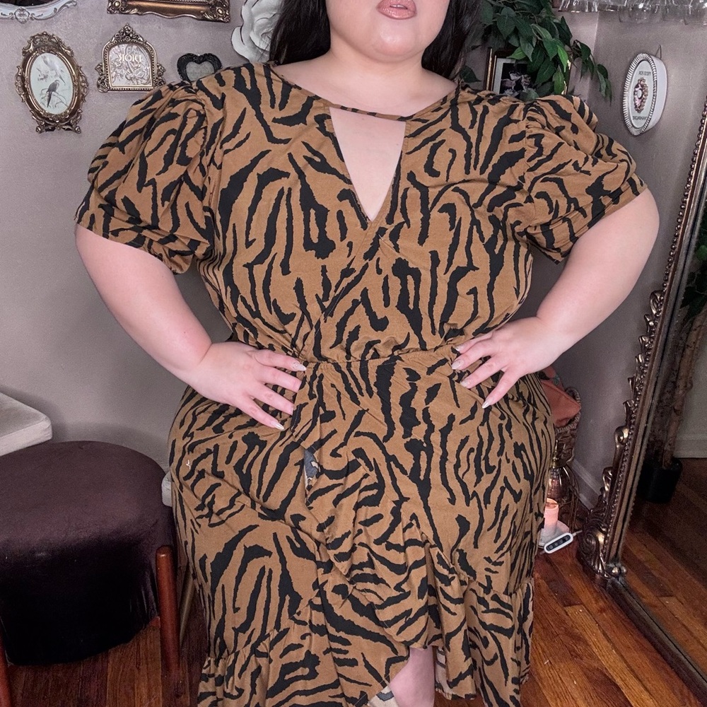 Tan and Black Puff Sleeve Wrap Midi Dress